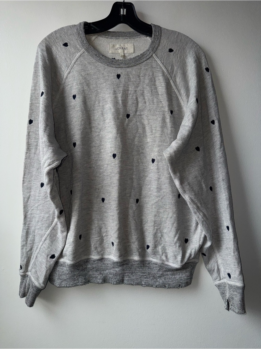THE GREAT. Gray Sweatshirt with Navy Heart Accents